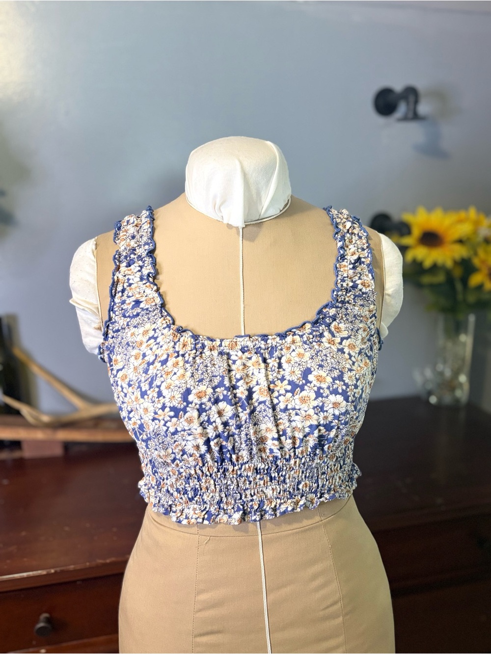 Blue Floral Smocked Crop Top with Scoop Neck
